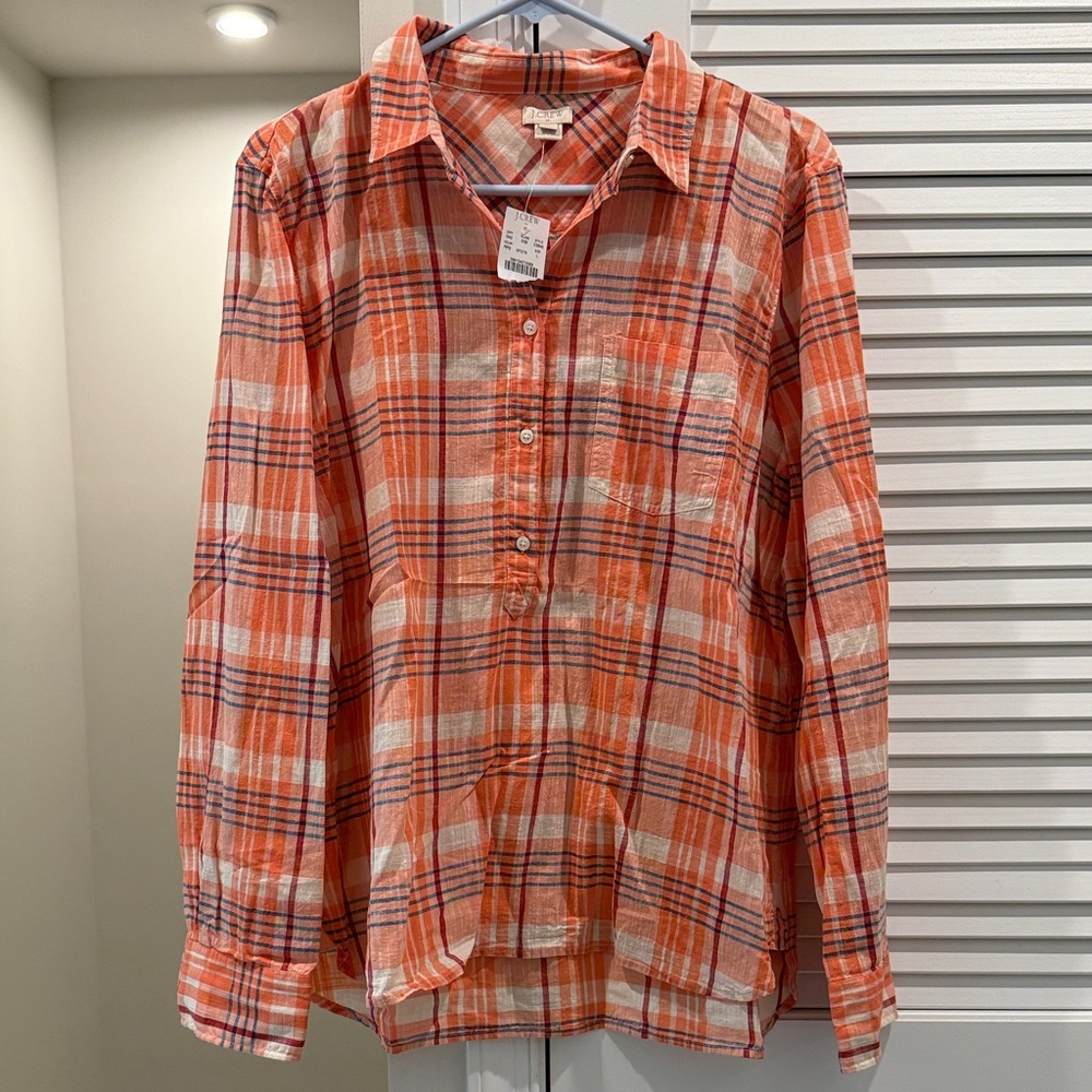 J. Crew Women's Orange and White Plaid Button-Down Shirt